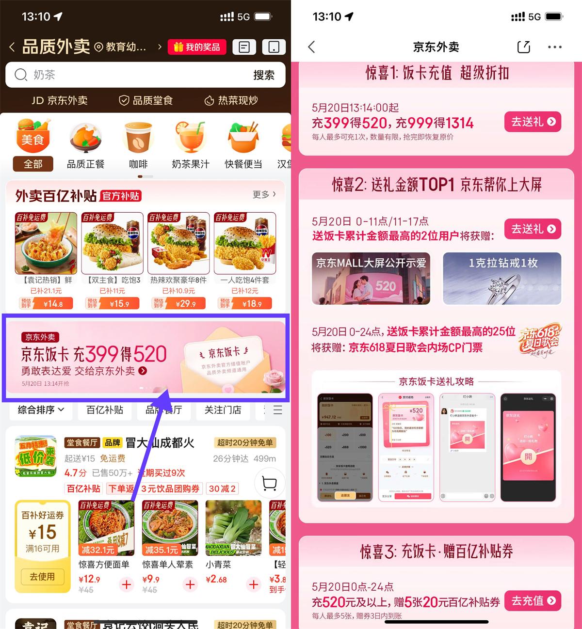 京东饭卡今日冲399亓得520亓